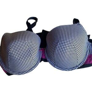 Cacique Womens 46C Houndstooth T-Shirt Bra Pink Lace Accent Underwire Adjustable